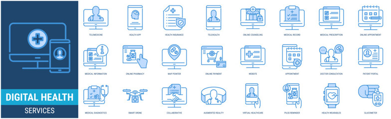 DIGITAL HEALTH SERVICES Icon Set containing telemedicine, health app, health insurance, telehealth, online pharmacy, online counseling icons. Outline Blue style collections.