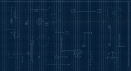 Dark blue blueprint with mechanical sketches of gears, circles, and lines over a grid pattern. Concept for engineering documentation, technical illustration, and manufacturing design