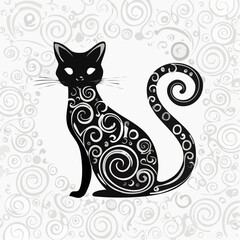 Elegant black cat silhouette with decorative swirls on white background