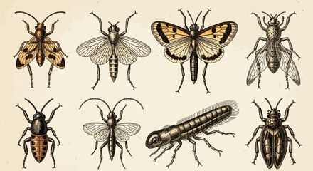 Collection of vintage insect drawings featuring various beetles, butterflies and bugs on light background, concept for entomology study, natural science illustration and educational materials