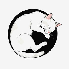 Vector art of a cute white cat is sleeping curled up in a black circle, with its eyes closed and paws tucked in, conveying a sense of peace and tranquility, perfect for petrelated content