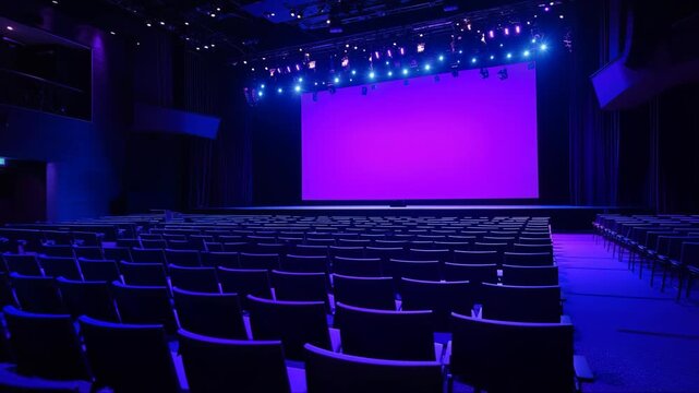 Modern theater interior with purple lighting and empty seating before an event starts