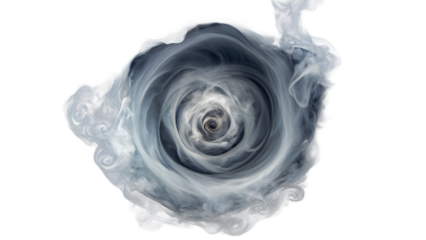 Swirling vortex of grey smoke or fog, isolated on transparent background