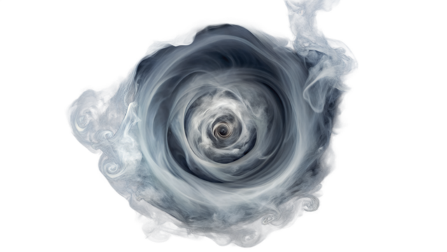 Swirling vortex of grey smoke or fog, isolated on transparent background