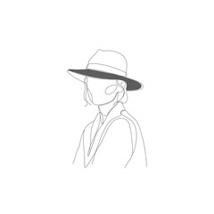 Vector art of minimalist line art drawing of a person wearing a fedora hat, depicted with clean lines and a simple aesthetic, isolated on a pure
