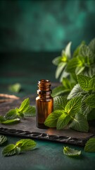 Peppermint Essential Oil Bottle With Fresh Green Mint Leaves On Dark Background For Aromatherapy And Natural Healing