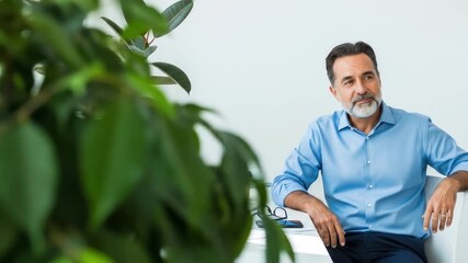 Thoughtful Businessman in a Modern Office, Contemplating with a Plant in the Foreground - Powered by Adobe