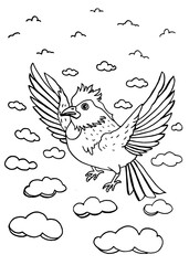 Flying Bird in Cloudy Sky – Line Art Coloring Page