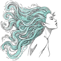 Vector art of artistic illustration of a woman with long, flowing, wavy turquoise hair blowing in the wind, profile view, closed eyes, serene expression, detailed sketch style