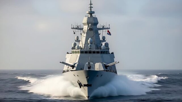 Modern naval warship sailing through choppy ocean waters with bow wave