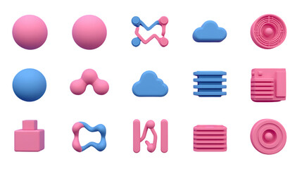 Pink and Blue Abstract Shapes Collection on Black Background Modern Design Element Set