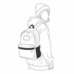 Vector art of line art illustration of a person wearing a beanie and hoodie with a backpack