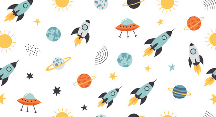 Explore the vastness of space with rockets planets and stars.