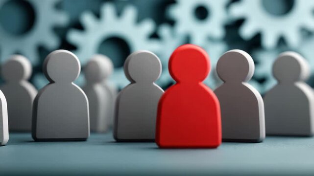 Red figure standing out among gray figures with blurred gear wheels background symbolizing leadership teamwork business group people symbol representing unity and strength competitive environment