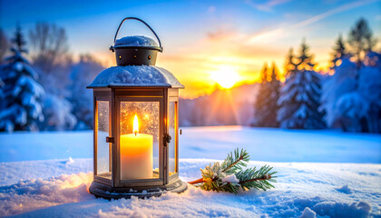 A candle glow in a frosty glass lantern offers warmth and symbolizes holiday hope for a fresh start