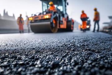 Road construction workers operating heavy machinery while laying fresh asphalt on a city street during an early morning resurfacing project