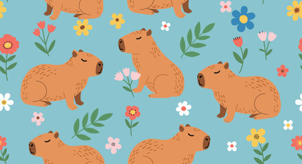 Fototapeta premium Cute capybaras and colorful flowers seamless pattern on light blue background.