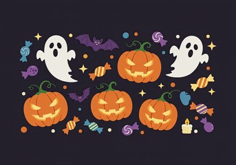Spooky season fun Halloween pumpkins, ghosts, bats and candy for your trick or treat holiday celebration designs, a cute, festive, and colorful display