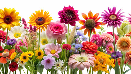 A vibrant and diverse collection of blooming flowers, isolated on transparent background