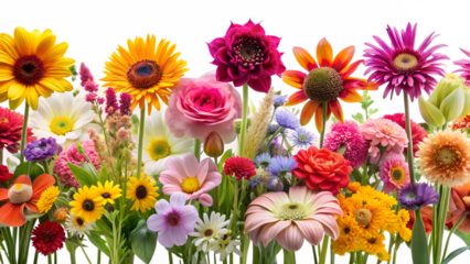 A vibrant and diverse collection of blooming flowers, isolated on transparent background