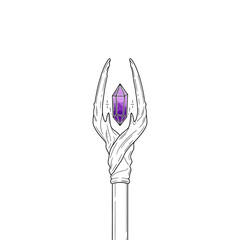 Vector art of a stylized line drawing of a magical staff topped with a glowing purple crystal, isolated on a