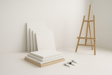 Artist's Corner: Clean Composition of Canvases, Easel, and Paints Ready for Creation