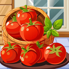 Bright red tomatoes in woven basket on wooden table
