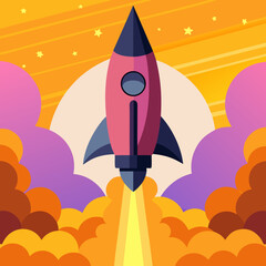 Cartoon Rocket Launching Into Space with Clouds and Stars