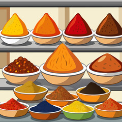 Colorful Spice Powders in Various Bowls on Display