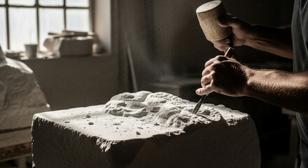 Sculptors hands chisel art from stone block