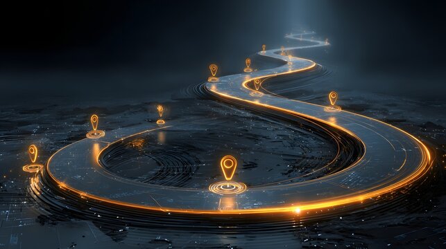Abstract Glowing Golden Road with Location Pins Representing Business Journey