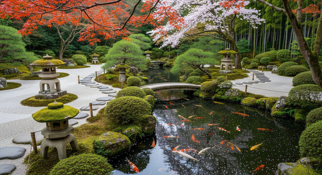 Serene koi pond reflects temple garden