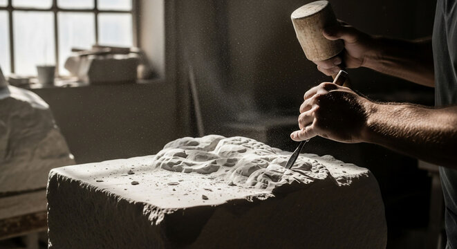 Sculptors hands chisel art from stone block