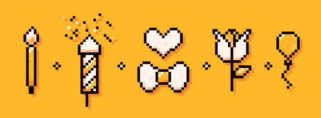 A set of pixel art white and yellow icons. Candle, party popper, heart, bow, flower, and balloon.