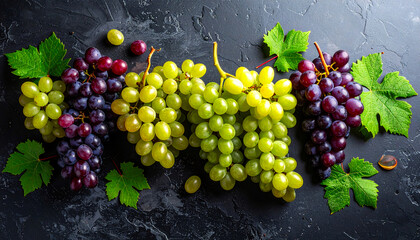 Organic grapes in a vibrant flat lay on dark texture, the concept of a wine harvest