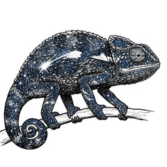 Vector art of a chameleon with a starry night sky pattern on its skin, perched on a branch