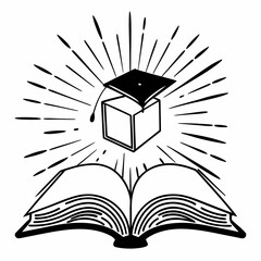 Mortarboard and Cube Over Open Book Representing Knowledge