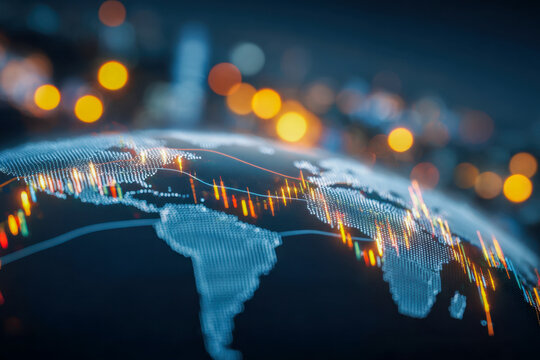Glowing digital world map with financial data overlay and bokeh city lights representing global market trends and international economic connectivity in cyberspace