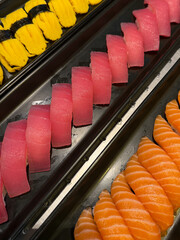 Salmon sushi, sweet egg sushi, tuna sushi &ndash; all beautifully colored and look delicious.
