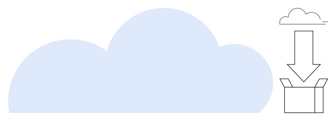 Large blue cloud with line art showing data downloading into a box. Ideal for cloud storage, data transfer, backup, technology, digital solutions, synchronization, simple flat metaphor
