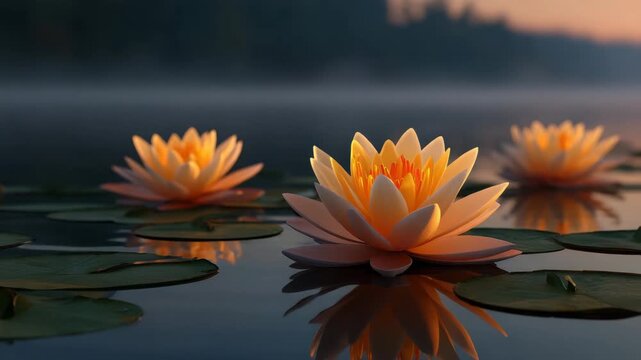Water lily flower glowing softly on calm water surface at dusk with green lily pads and gentle reflection creating peaceful nature scene in aquatic pond environment
