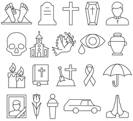 Collection of funeral and memorial outline icons including coffin, cross, grave, urn, church, priest, candles, flowers, and mourning symbols. Funeral and burial icon set. Memorial and death outline