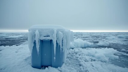 Icy landscape features a bin encased in ice with long icicles, amidst a frozen sea under a gray sky - Powered by Adobe