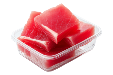 Fresh raw tuna cubes Micronesian sashimi isolated on white transparent background, representing seafood freshness.