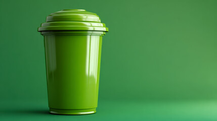 Vibrant green reusable coffee cup with lid isolated on matching green background highlighting eco-friendly beverage container design and sustainability concept