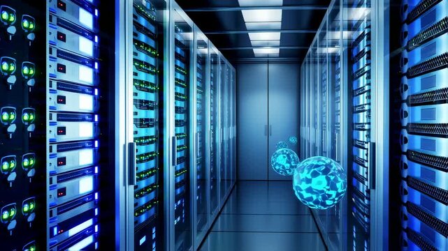 Server room perspective with glowing blue orb, servers in racks, and a hallway with bright lights