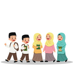 a group of happy Muslim children walking home after Qur’an lessons