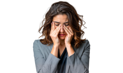 Tired distressed young businesswoman rubbing eyes, feeling exhausted and stressed, isolated on transparent background