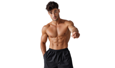 Confident handsome muscular man, shirtless and pointing finger at camera, inviting for workout