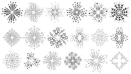 Set of minimal vector line icons representing fireworks, spark bursts, and confetti explosions for celebration and festive designs. Creative outline collection of symmetrical firework and party